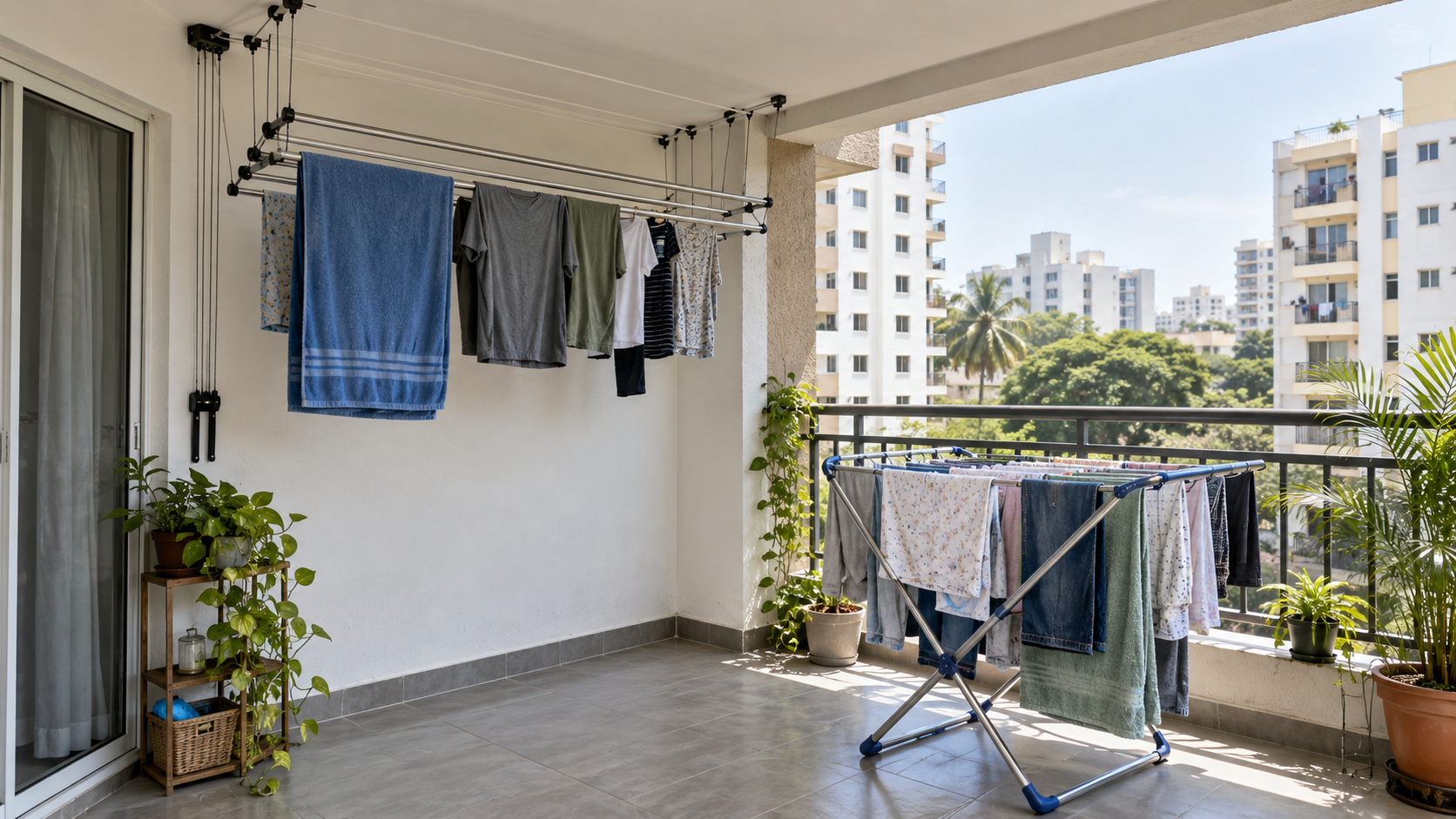 Ceiling cloth drying hanger and floor drying stand in a Bangalore apartment balcony